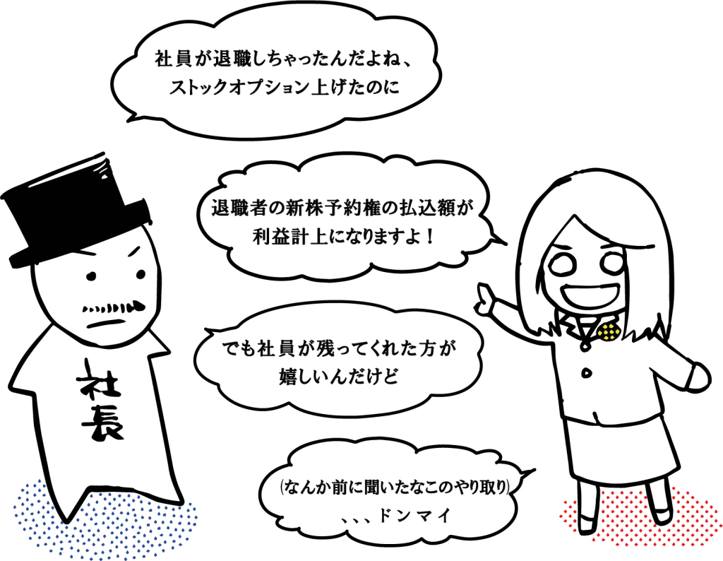 社員が退職しちゃったんだよね、ストックオプションあげたのに
退職者の新株予約権の払込額が利益計上になりますよ！
でも社員が残ってくれた方が嬉しいんだけど
（なんか前に聞いたなこのやり取り）、、、ドンマイ